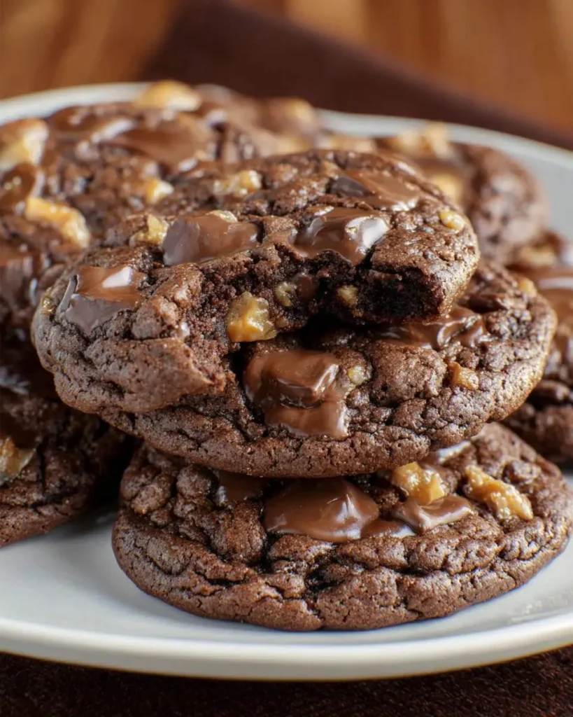 A stack of rich, dark Chewy Chocolate Toffee Cookies with melted chocolate chunks and visible toffee bits, one cookie broken to show its soft interior.
