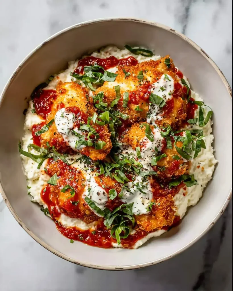 A delicious chicken parm cottage cheese bowl featuring crispy breaded chicken, rich marinara, creamy sauce, and fresh herbs.