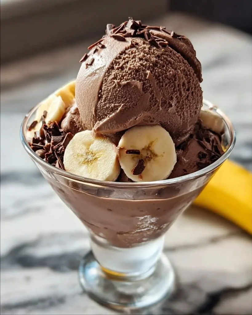 A glass filled with Chocolate Banana Greek Frozen Yogurt, garnished with fresh banana slices and dark chocolate shavings, on a marble counter.