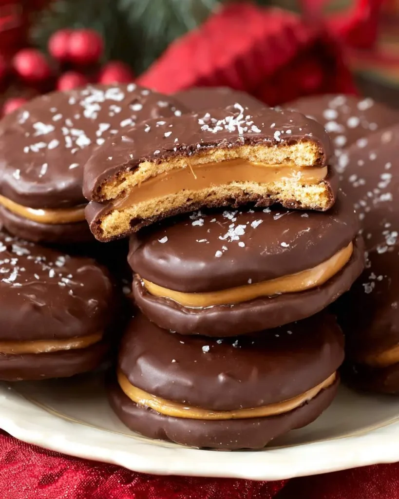 A stack of delicious Chocolate Peanut Butter Ritz Cracker Cookies, one broken to reveal the creamy filling, sprinkled with sea salt.