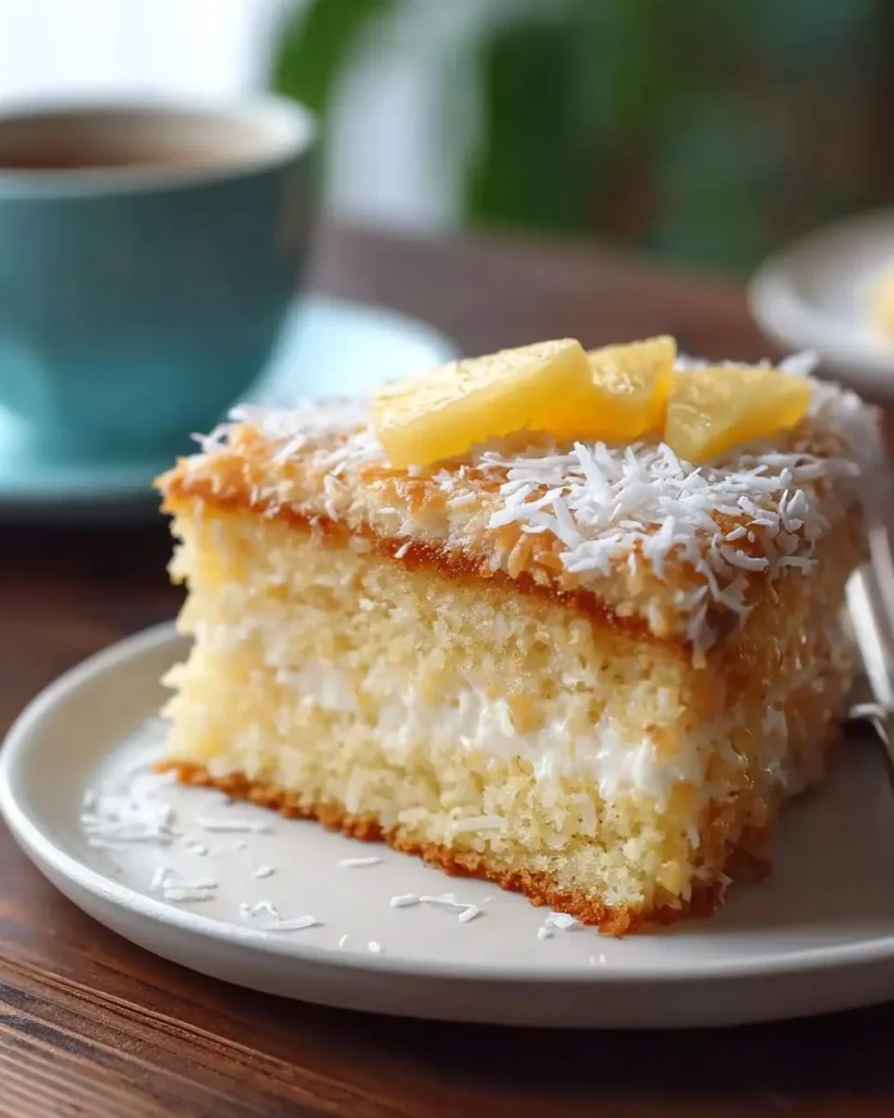 A delicious slice of Coconut Cream Cake topped with toasted coconut flakes and pineapple pieces on a white plate.