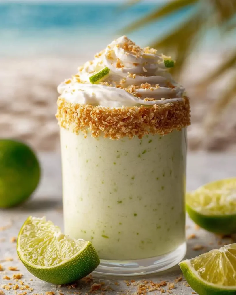 A vibrant green Coconut Key Lime Pie Smoothie in a glass, topped with whipped cream, graham cracker crumbs, and lime zest, on a beach-like setting with fresh limes.