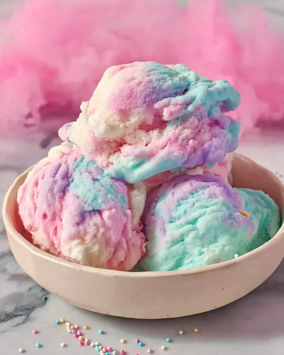 Cotton candy ice cream 4 A close-up of a bowl filled with vibrant pink, blue, and purple scoops of cotton candy ice cream on a marble surface.