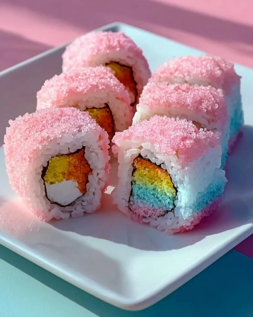 A close-up of vibrant Cotton Candy Sushi rolls on a white plate, featuring pink sugary exteriors and colorful rainbow fillings.