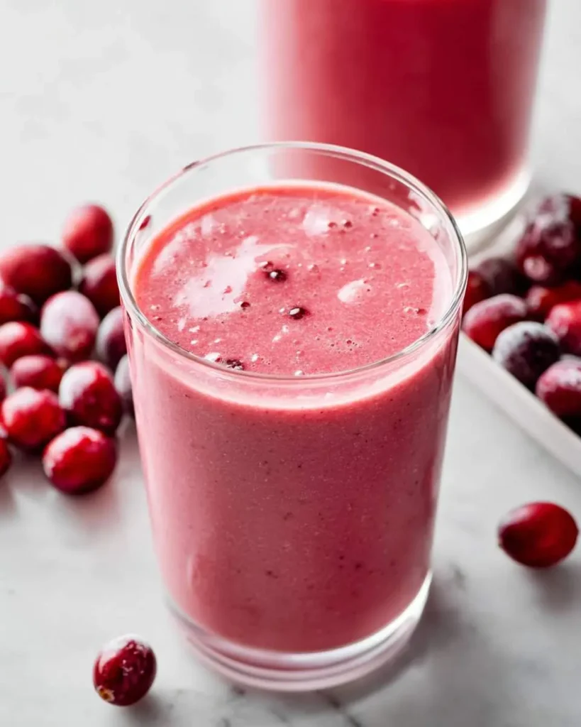 A vibrant cranberry smoothie in a glass, with fresh cranberries scattered around on a light marble surface.