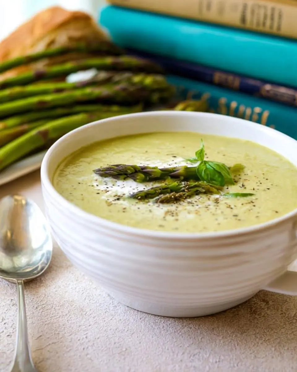 Cream of Asparagus Soup 4 A white bowl filled with delicious Cream of Asparagus Soup, garnished with asparagus spears and fresh basil.