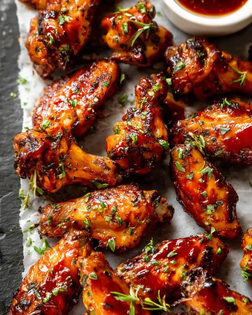 Delicious caramelized crockpot chicken wings garnished with fresh herbs, served on parchment paper with a dipping sauce.