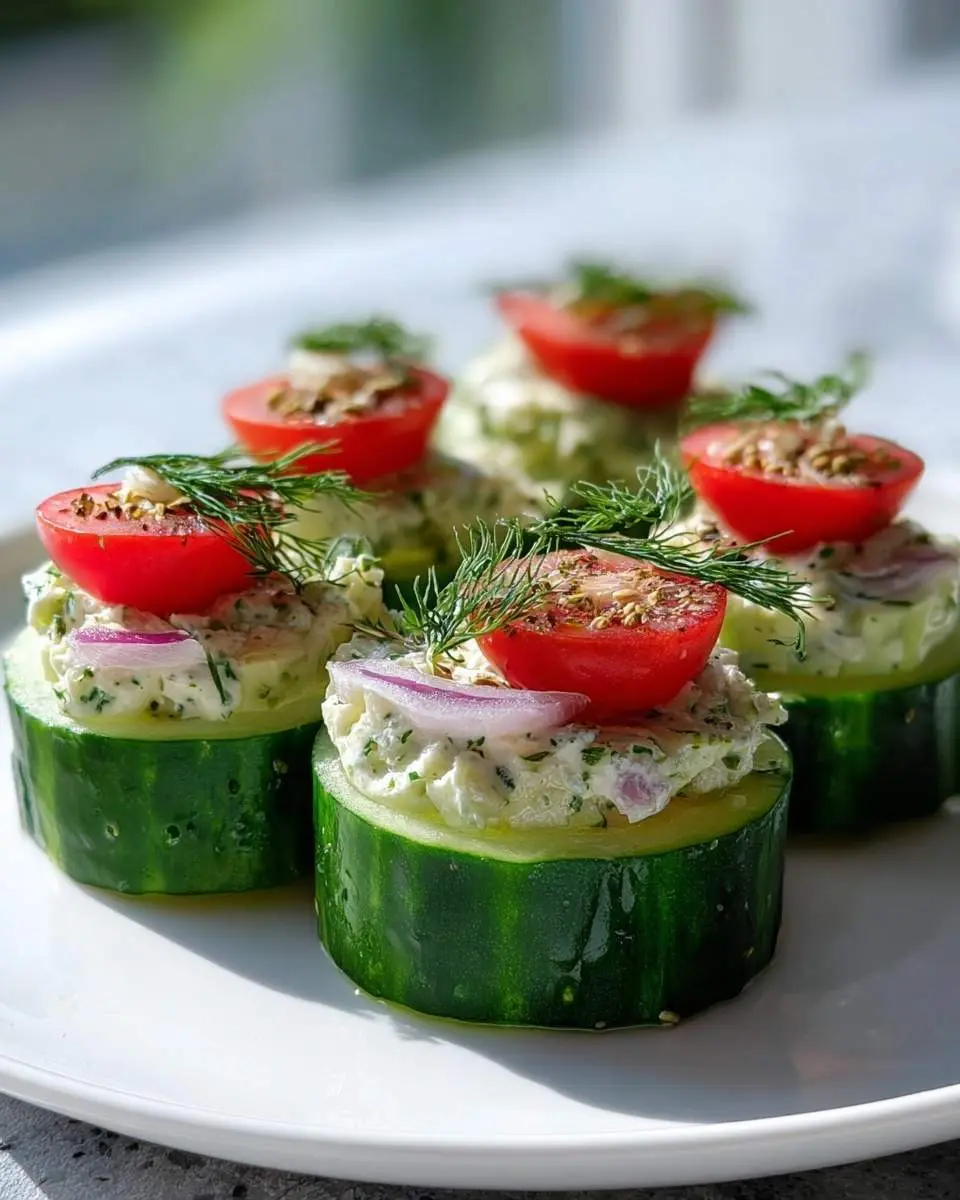 Close-up of several gourmet Cucumber Bites on a white plate, topped with creamy spread, red onion, cherry tomatoes, and dill.