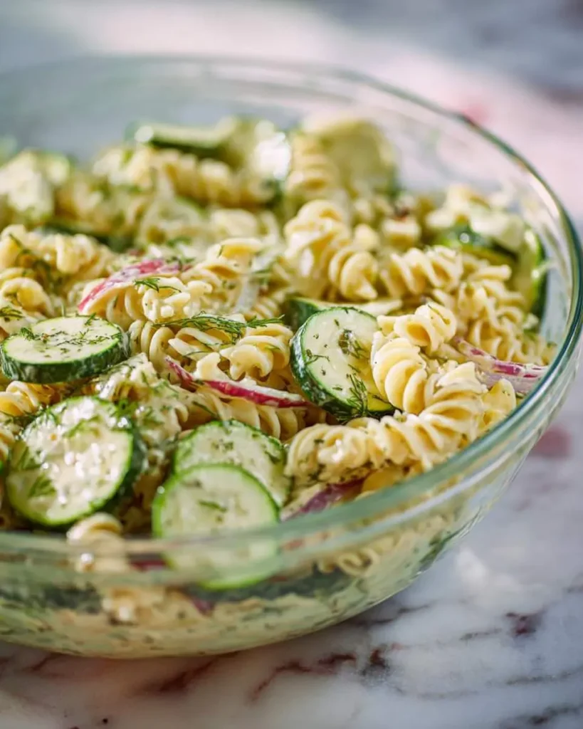 A vibrant close-up of a refreshing Cucumber Pasta Salad in a glass bowl, featuring rotini, fresh cucumber slices, and dill.