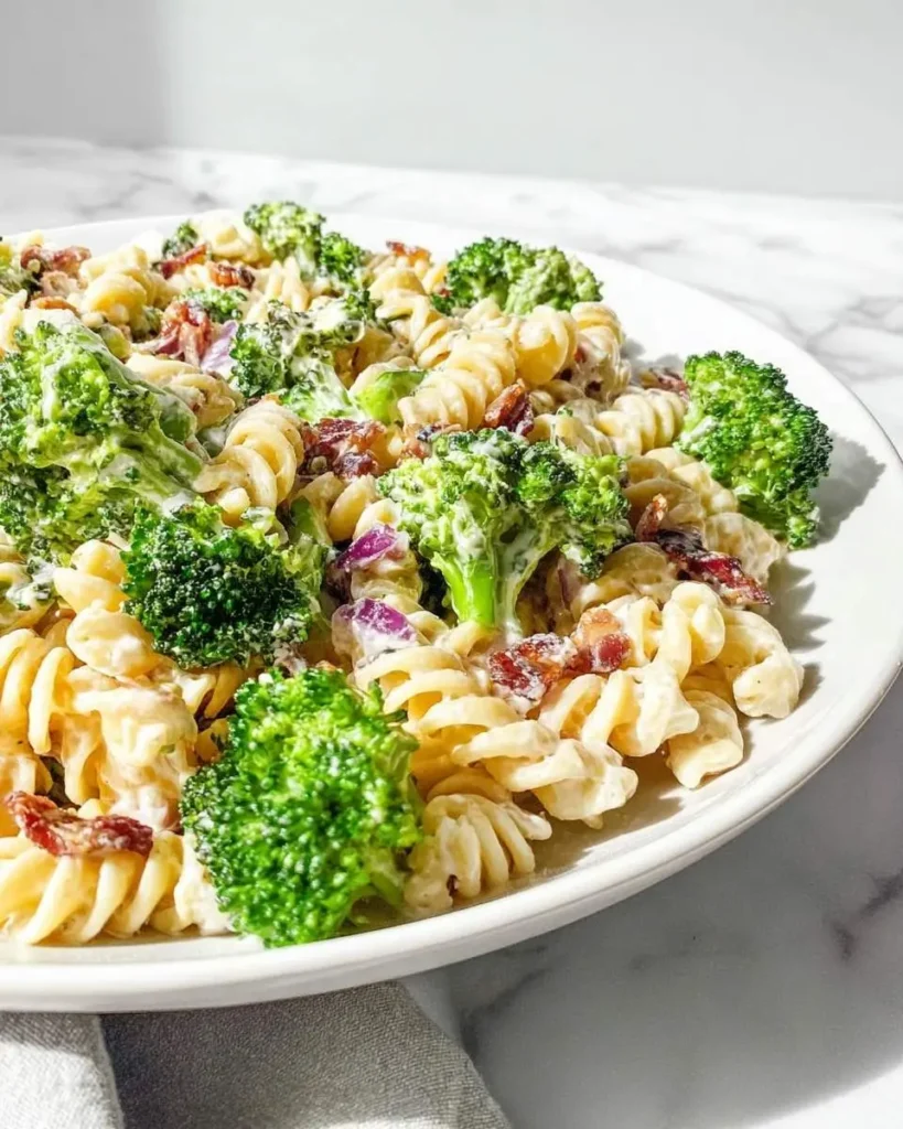 A white plate overflowing with Fresh Broccoli Pasta Salad, featuring rotini pasta, vibrant green broccoli florets, crispy bacon bits, and chopped red onion, all coated in a creamy dressing.