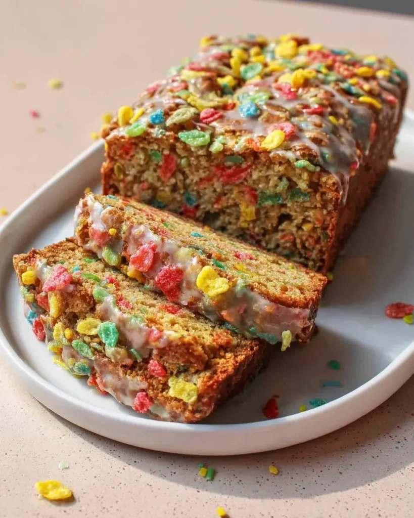 Sliced loaf of vibrant Fruity Pebbles Banana Bread, topped with sweet glaze and colorful cereal pieces, resting on a white plate.