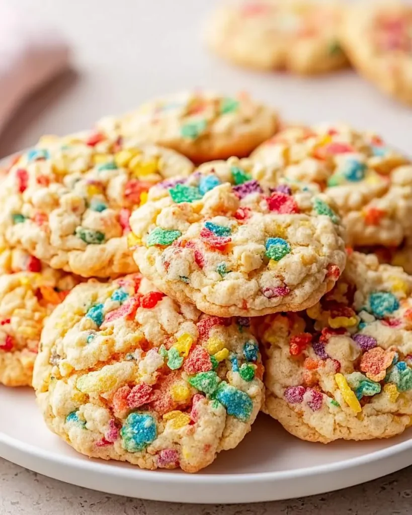 A plate piled high with colorful Fruity Pebbles Cookies, featuring vibrant cereal bits on soft, chewy dough.