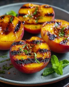 Four halves of sweet grilled peaches with prominent char marks, garnished with fresh herbs and mint on a gray plate.