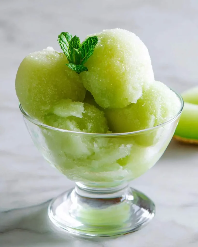 A clear glass bowl filled with vibrant green honeydew melon sorbet, garnished with fresh mint on a marble surface.