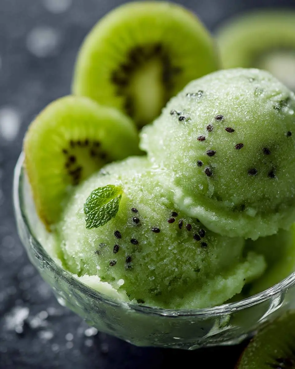 A glass bowl filled with vibrant green Kiwi Sorbet, topped with a mint leaf and surrounded by fresh kiwi slices.