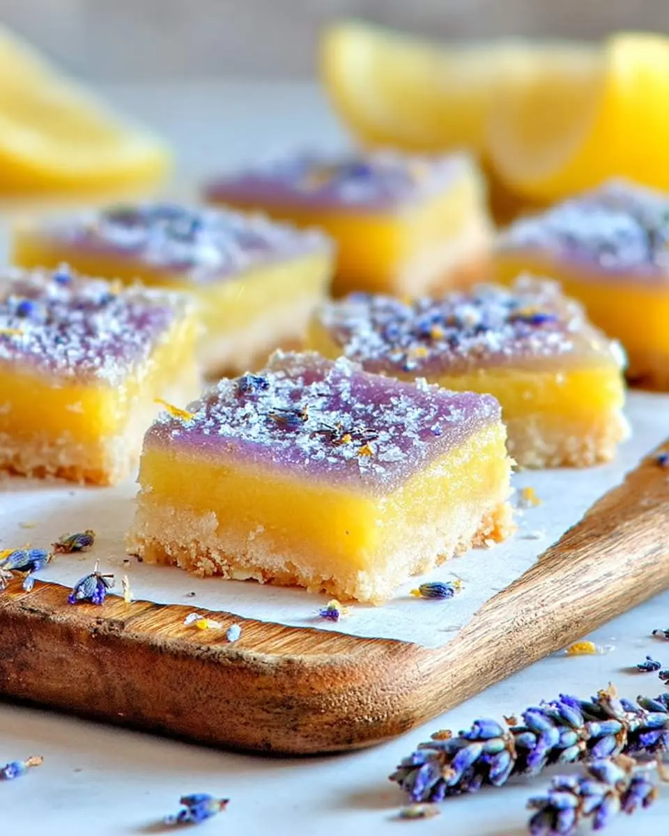 Lavender Lemon Bars 4 Close-up of delicious Lavender Lemon Bars with a bright yellow lemon layer and a purple lavender top, dusted with sugar and dried flowers, on a wooden board.