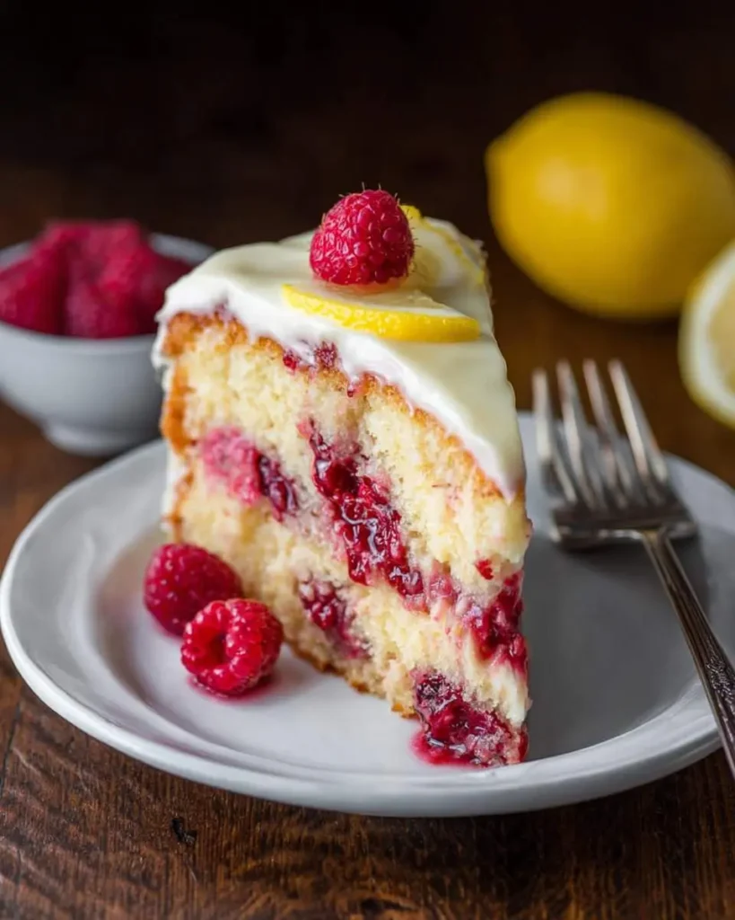 A delectable slice of lemon raspberry cake with white frosting, garnished with fresh raspberries and lemon slices, on a white plate.