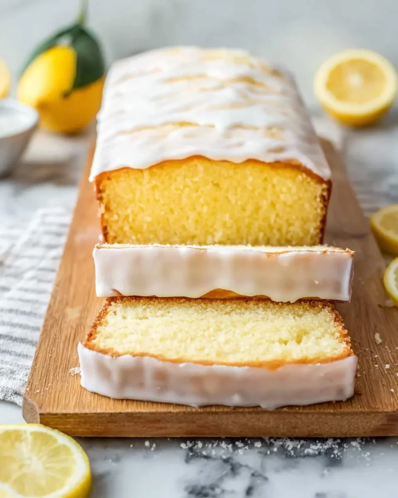 Golden glazed lemon loaf cake, sliced on a wooden board, a perfect base for a delicious Lemon Strawberry Cake.