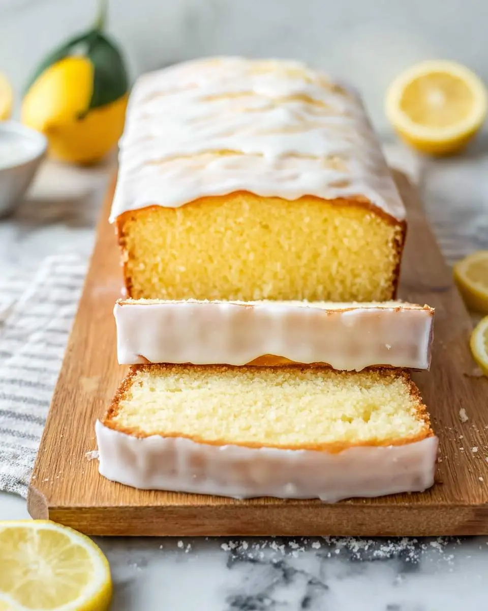 Lemon Strawberry Cake 4 Golden glazed lemon loaf cake, sliced on a wooden board, a perfect base for a delicious Lemon Strawberry Cake.