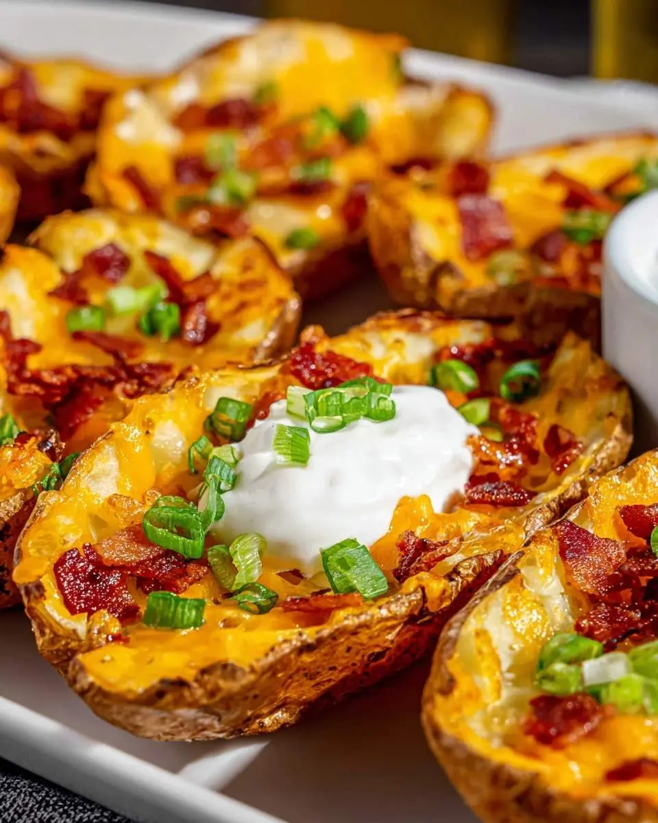 Loaded Potato Skins 4 A close-up of a plate of delicious loaded potato skins topped with melted cheese, bacon, green onions, and sour cream.