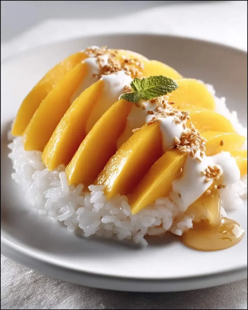 A close-up of a beautifully presented mango sticky rice dessert with fresh mango slices, creamy coconut milk, sesame seeds, and a mint garnish.