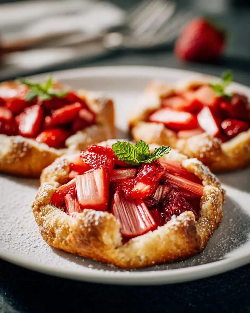 Three golden-crusted Mini Strawberry Rhubarb Galettes on a white plate, topped with fresh mint and powdered sugar.