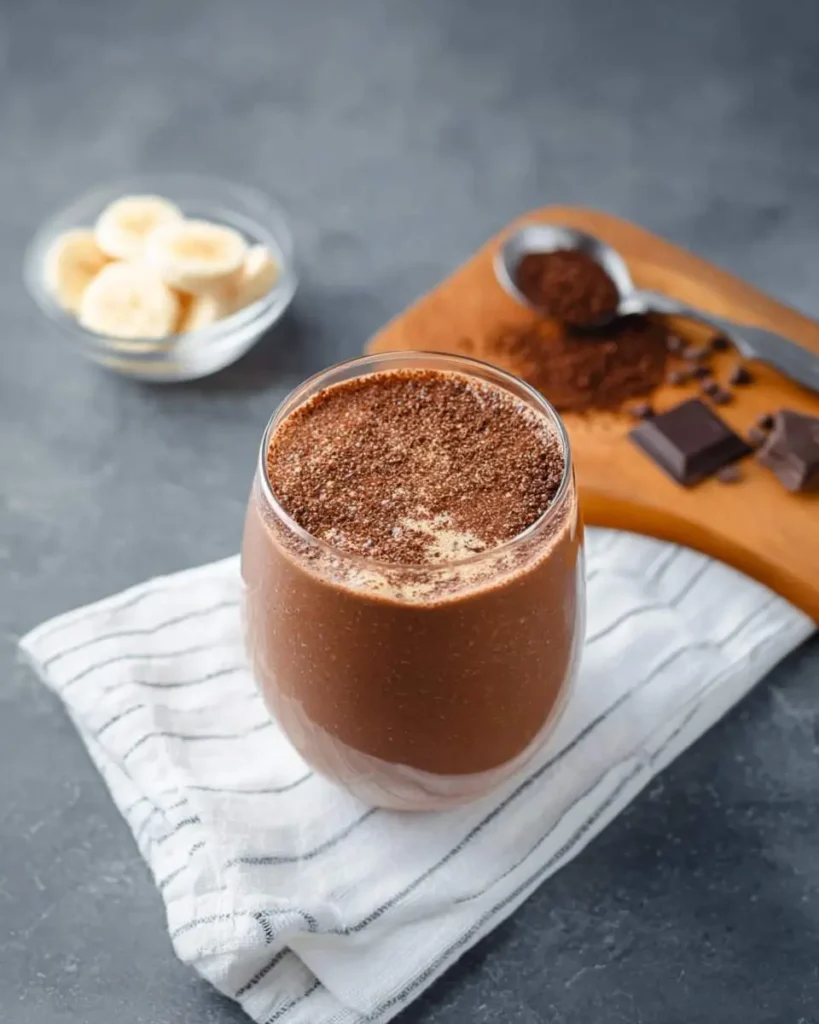 A refreshing Mocha Smoothie in a glass, topped with chocolate shavings, alongside banana slices, chocolate pieces, and coffee powder.