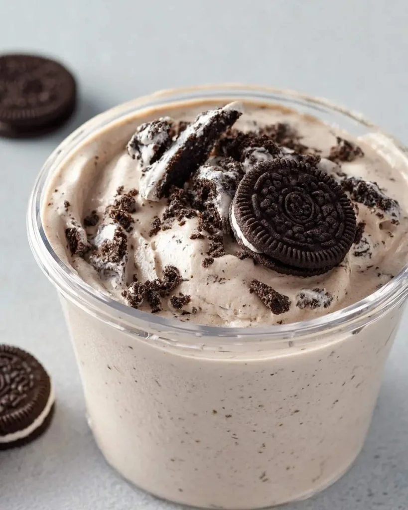 A clear cup filled with creamy Ninja Creami Cookies and Cream dessert, garnished with crushed and a whole Oreo cookie.