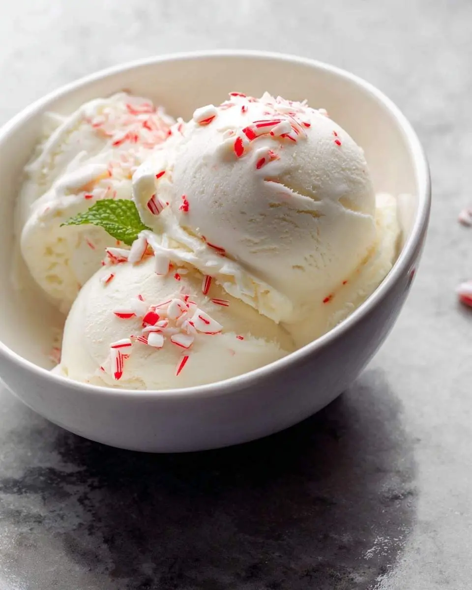 Ninja Creami Peppermint Ice Cream 4 A white bowl holds three scoops of Ninja Creami Peppermint Ice Cream, garnished with crushed candy canes and a fresh mint leaf.