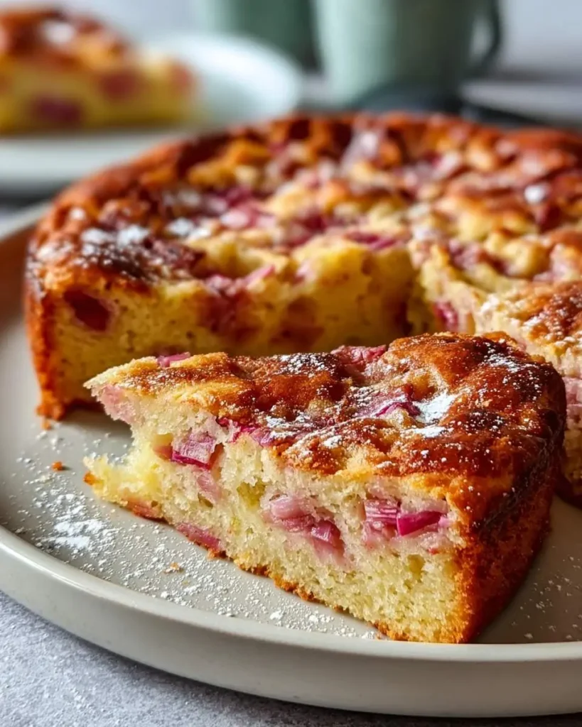 A slice of Norwegian Rhubarb Cake with a Tender Crust sits in front of the whole cake, dusted with powdered sugar.