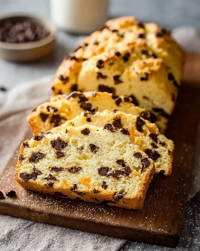 A loaf of freshly baked Orange Chocolate Chip Scone Bread, partially sliced and dusted with powdered sugar on a wooden board.