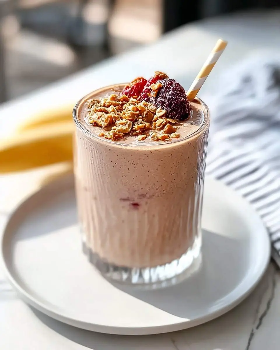 A refreshing Peanut Butter & Jelly Keto Smoothie topped with granola, raspberries, and a blackberry, served in a glass with a straw.
