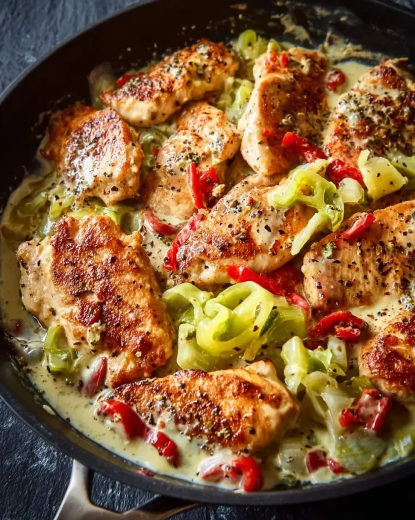 A close-up of a flavorful Pepperoncini Chicken Skillet with perfectly cooked chicken, creamy sauce, and colorful pepperoncini.