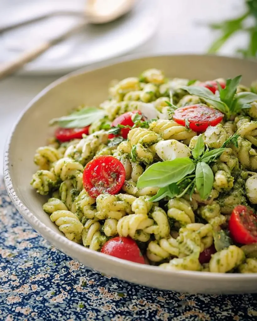 A close-up shot of a vibrant Pesto Pasta Salad in a beige bowl, featuring spiral pasta, cherry tomatoes, mozzarella, and fresh basil.