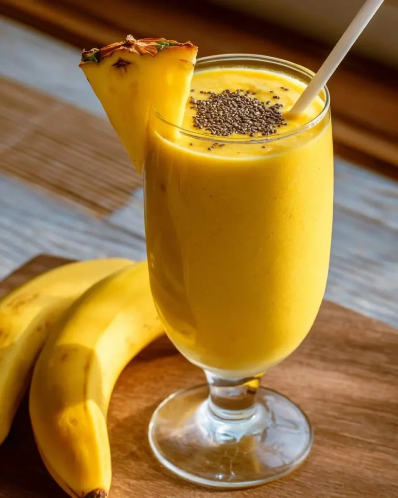 A vibrant Pineapple Banana Turmeric Smoothie in a clear glass, garnished with a pineapple wedge and chia seeds, with fresh bananas.
