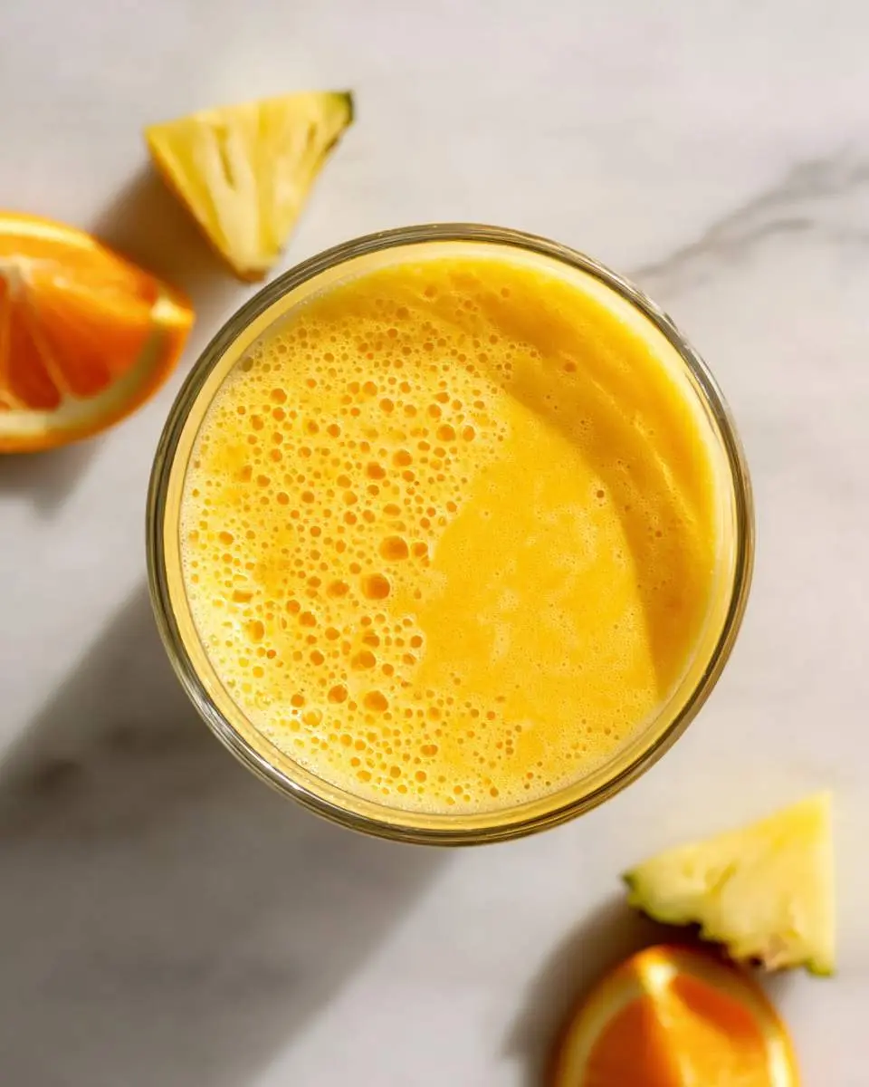 A vibrant yellow Pineapple Orange Smoothie in a glass, surrounded by fresh pineapple wedges and orange slices on a marble background.