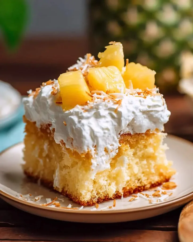 A delicious slice of Pineapple Poke Cake with Coconut Cream, topped with fresh pineapple chunks and toasted coconut flakes on a plate.