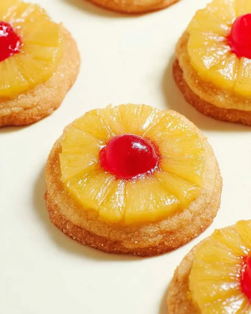 A close-up of Pineapple Upside Down Sugar Cookies, topped with glazed pineapple slices and bright red maraschino cherries.