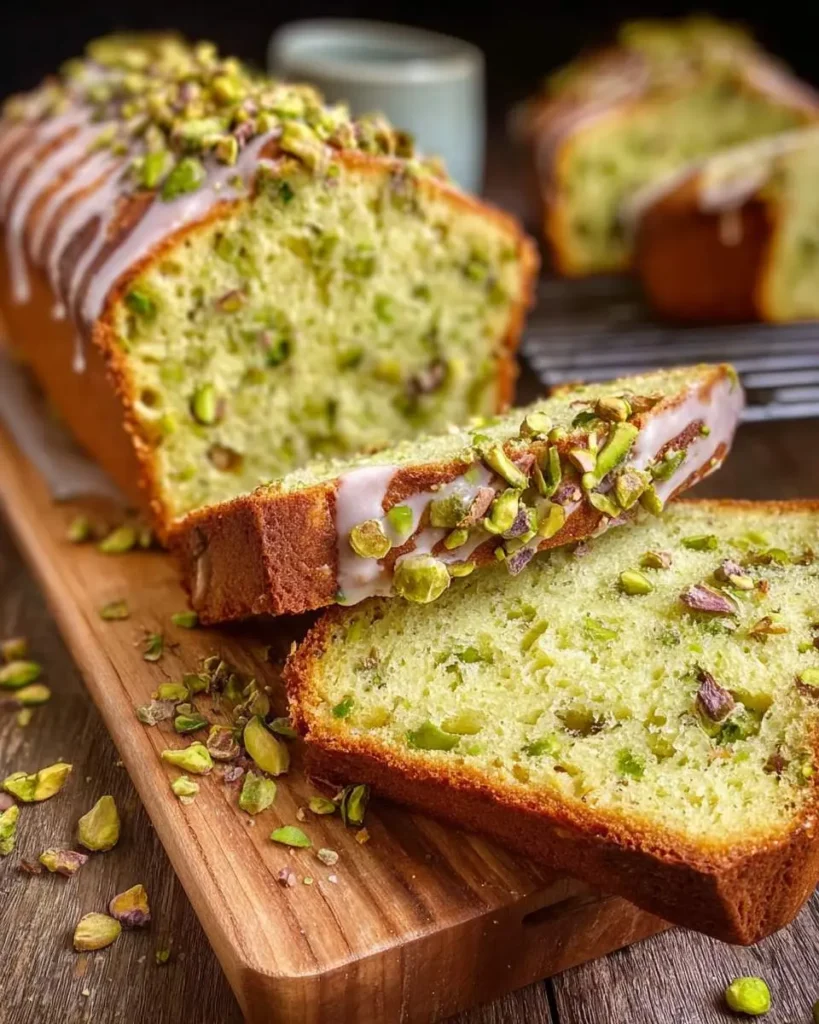 A delicious loaf of pistachio bread, glazed and topped with chopped pistachios, with a few slices cut on a wooden board.