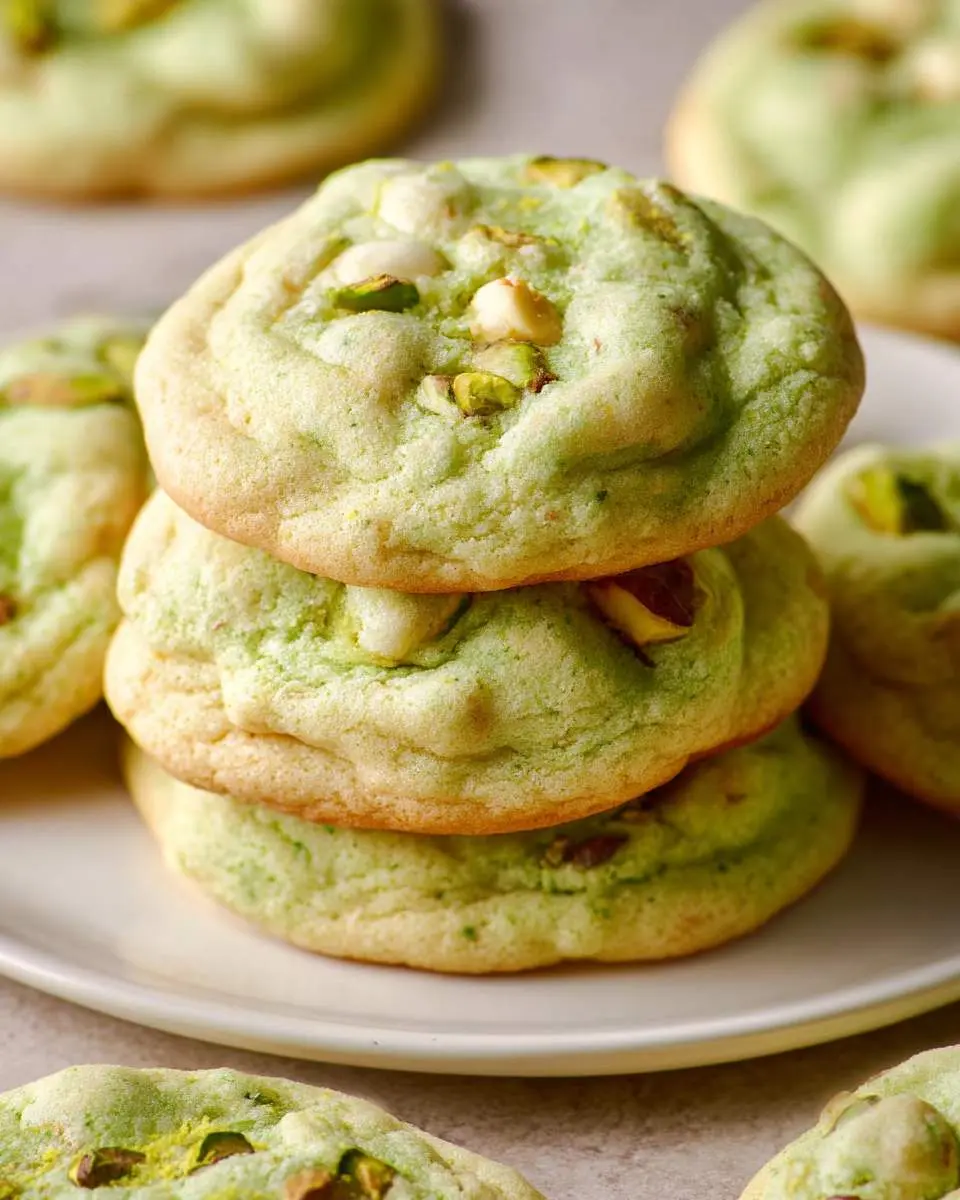 A stack of three soft, green Pistachio Pudding Cookies with chopped pistachios and white chocolate chips on a white plate.