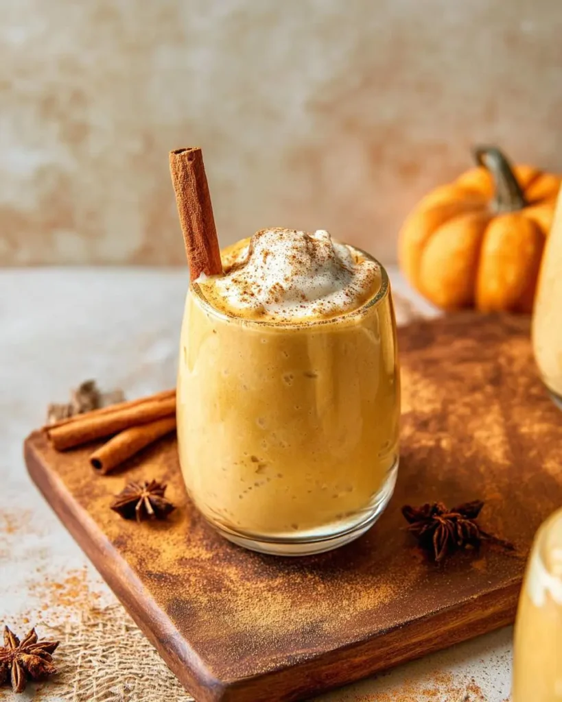 A delicious Pumpkin Spice Smoothie in a glass, topped with whipped cream, cinnamon, and a cinnamon stick, on a wooden board.