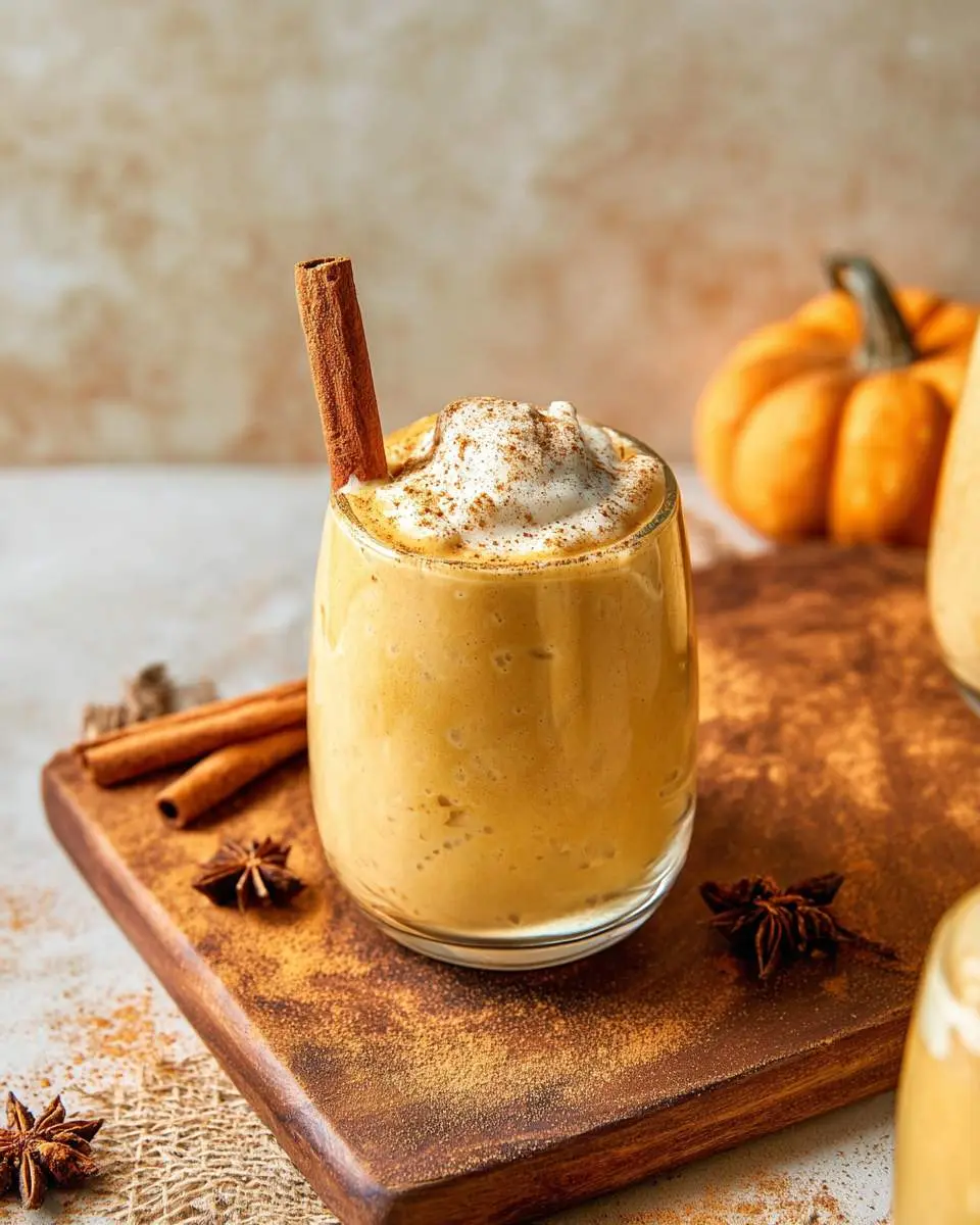 Pumpkin Spice Smoothie 4 A delicious Pumpkin Spice Smoothie in a glass, topped with whipped cream, cinnamon, and a cinnamon stick, on a wooden board.