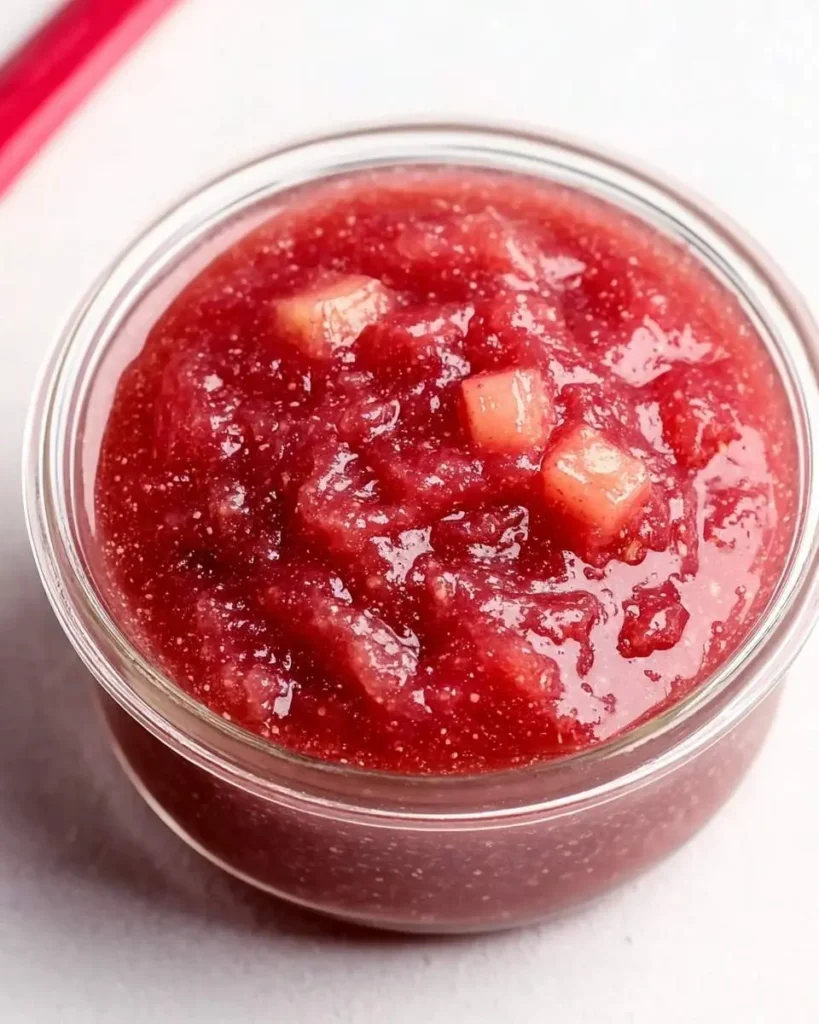 A clear glass bowl filled with vibrant red Rhubarb and Apple Jam, featuring visible chunks of fruit.