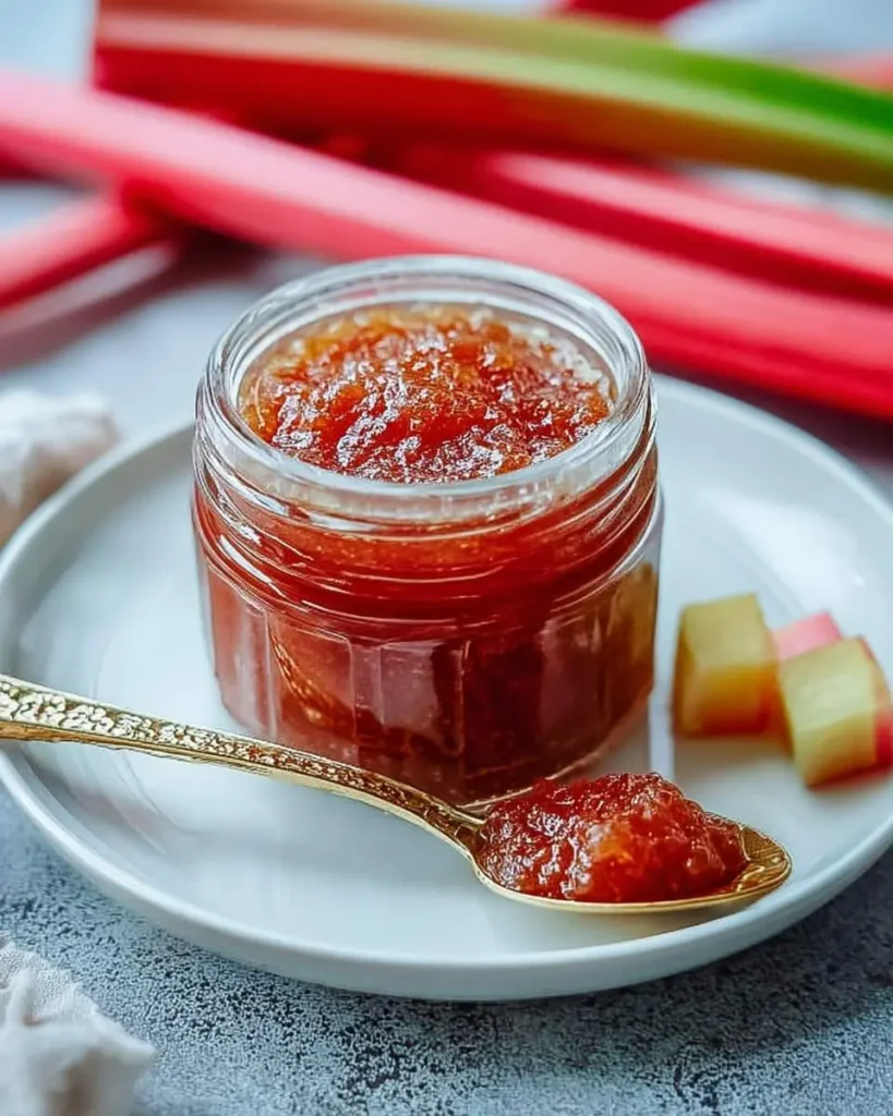 A close-up of a jar of homemade Rhubarb and Ginger Jam with a spoon holding jam, fresh rhubarb stalks, and chopped pieces.