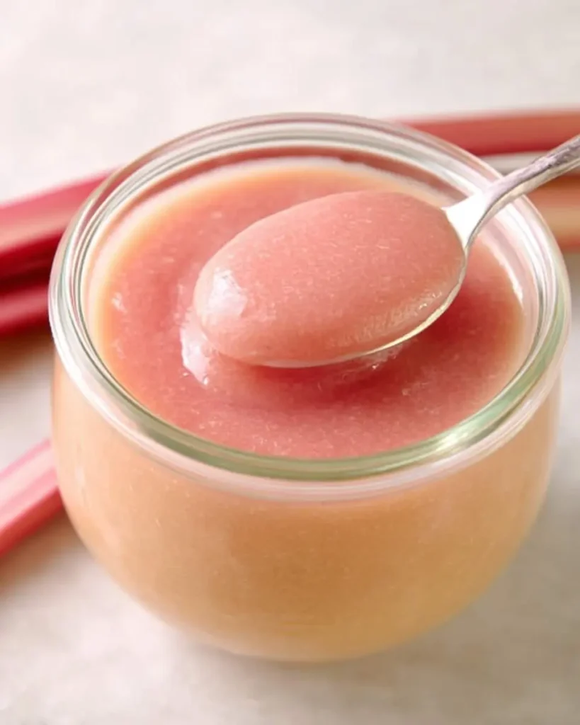 A spoonful of creamy, pale pink rhubarb curd in a clear glass jar, with fresh rhubarb stalks in the background, showcasing a delicious Rhubarb Curd Recipe.