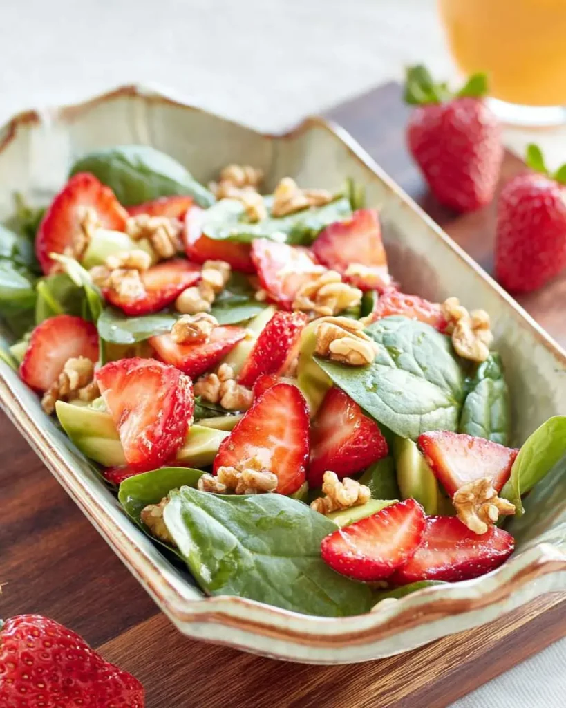 A vibrant Spinach Strawberry Walnut Salad with fresh spinach, sliced strawberries, creamy avocado, and crunchy walnuts in a decorative bowl.