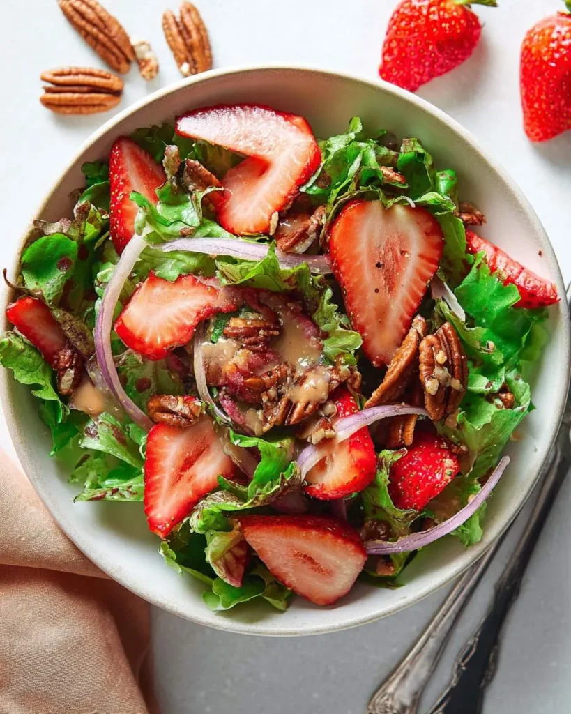 A vibrant Strawberry Pecan Salad in a white bowl, featuring fresh greens, sliced strawberries, crunchy pecans, red onion, and a creamy dressing.