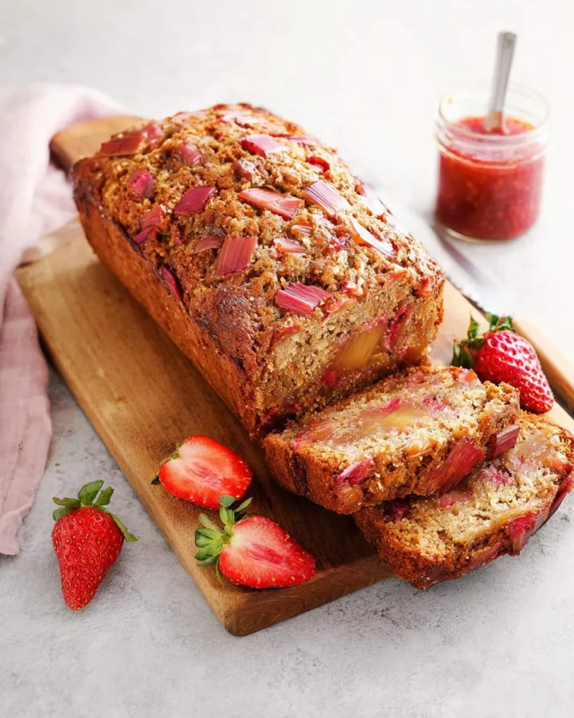 A whole loaf of golden-brown strawberry rhubarb bread, partially sliced on a wooden cutting board with fresh strawberries.