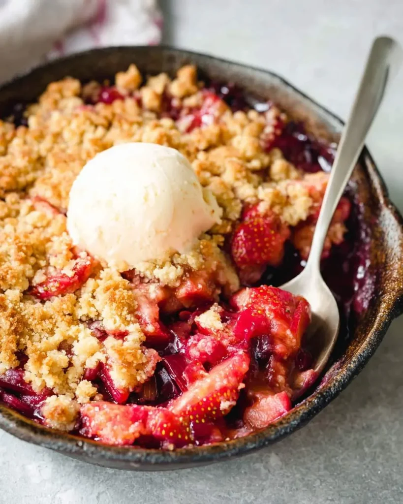A warm Strawberry Rhubarb Crumble in a cast iron skillet, topped with a scoop of melting vanilla ice cream and a spoon.