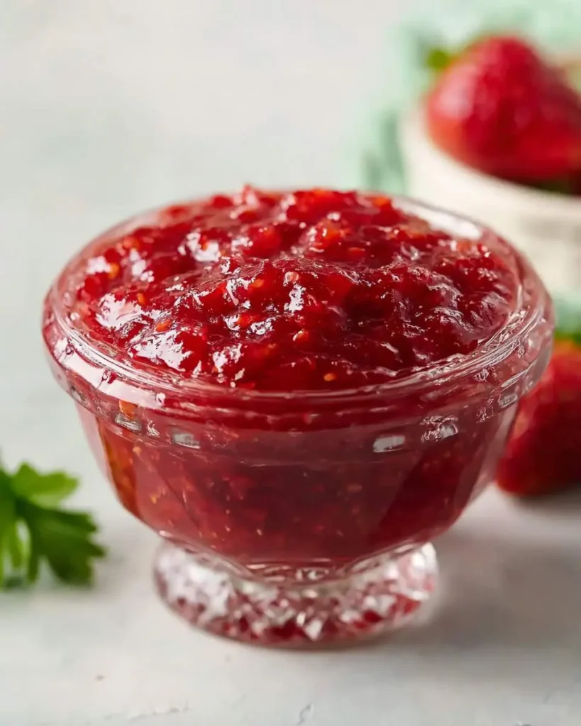 A clear glass bowl filled with vibrant red, chunky Strawberry Rhubarb Jam, with fresh strawberries in the blurred background.